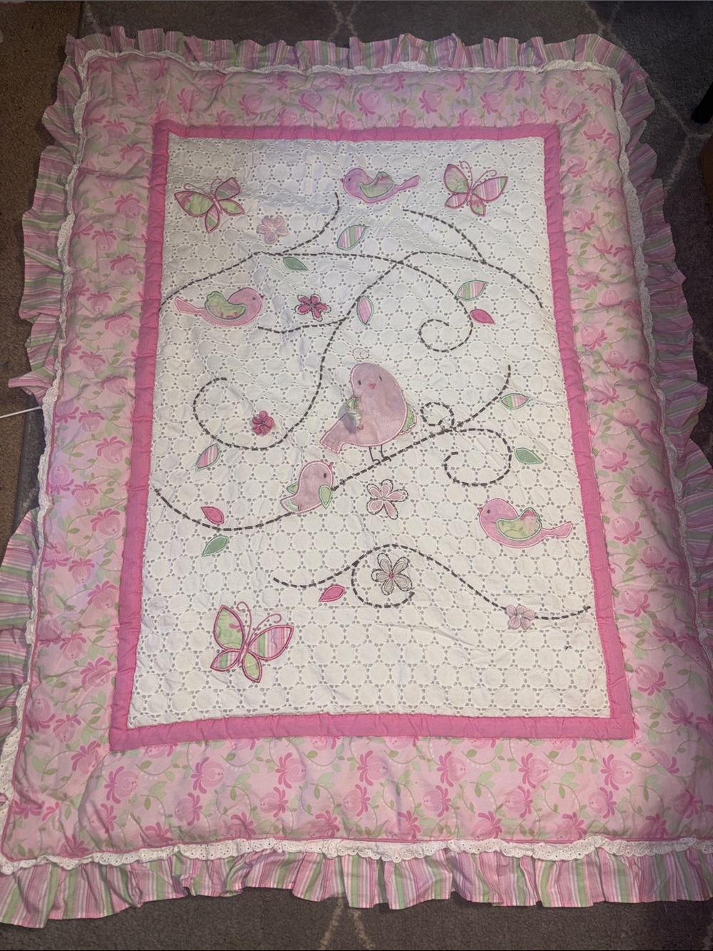 Vintage Toys R Us Pink Bird & Butterfly Quilted Baby Bedding - Pink